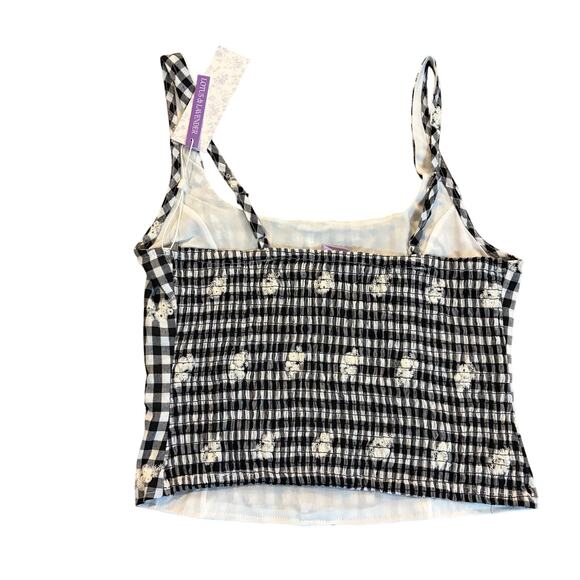 Lotus & Lavender Tan Top L Black White Gingham Floral Button Front Crop NWT - Picture 2 of 5
